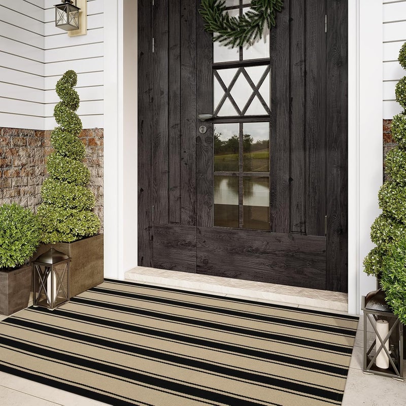 Sungea Striped Outdoor Rug 3'x5', Cotton Hand Woven Rug Fall Front Door Mat,Washable Reversible Layered Door Mats, Foldable Front Porch Rug for Entryway/Home Entrance/Farmhouse(Black and Tan) - Image 1