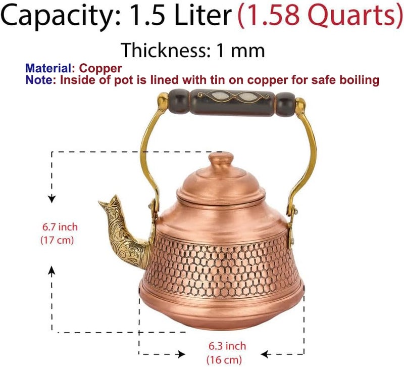Vissmarta Vintage 100% Pure Solid Copper Turkish Hammered TeaPot Tea Kettle Pot for Stovetop Stove Top Infuser Decorative Fancy Arabic Moroccan Party Serving Kitchen Antique Handmade Unique Style Gooseneck Gift - Image 3