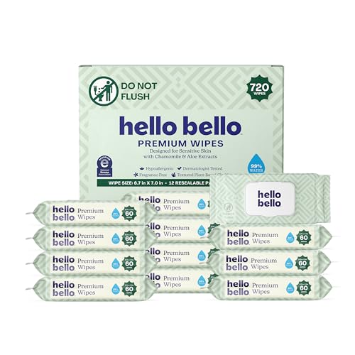 Hello Bello Premium Wipes, Designed for Sensitive Skin with Chamomile & Aloe Extracts, Simply Sage (12 Resealable Packets = 720 Total Wipes) - Image 1