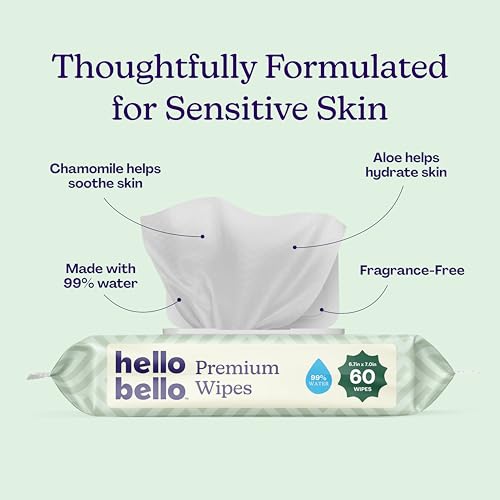 Hello Bello Premium Wipes, Designed for Sensitive Skin with Chamomile & Aloe Extracts, Simply Sage (12 Resealable Packets = 720 Total Wipes) - Image 2