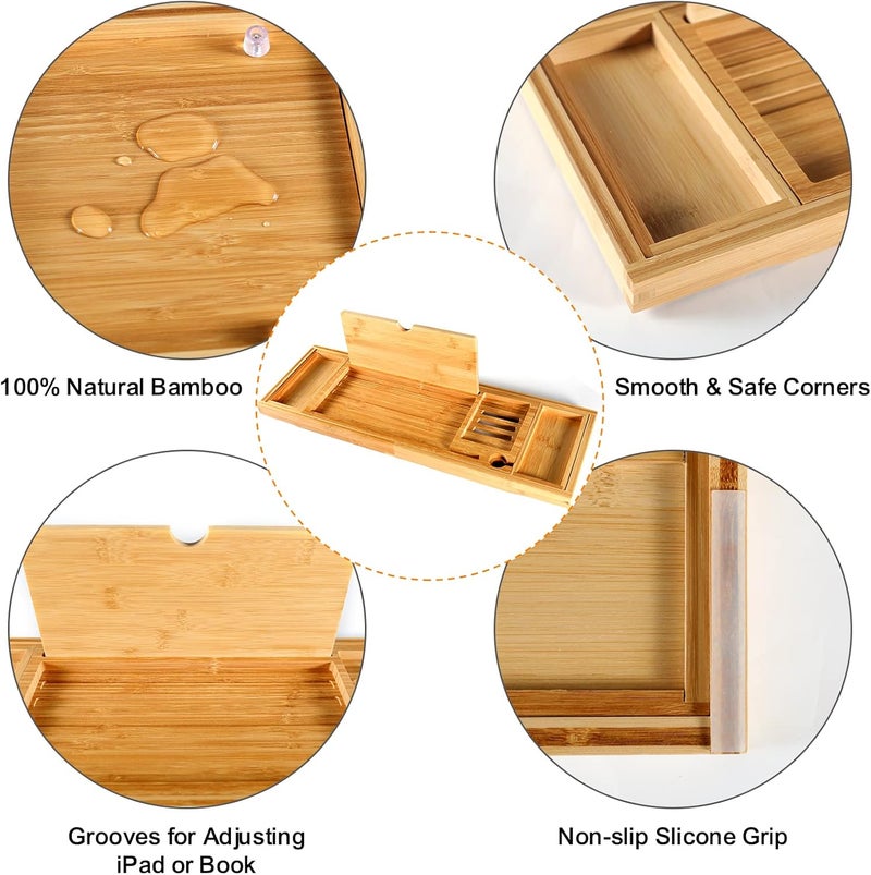 BESHOF Premium Bamboo Bathtub Caddy Tray with Extending Sides, Adjustable Wood Bath Tray for Luxury Bath, Fits Most Tubs, Accessories Gift Idea - Image 5