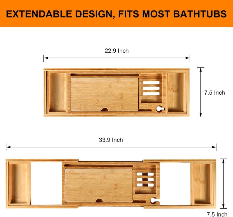 BESHOF Premium Bamboo Bathtub Caddy Tray with Extending Sides, Adjustable Wood Bath Tray for Luxury Bath, Fits Most Tubs, Accessories Gift Idea - Image 4