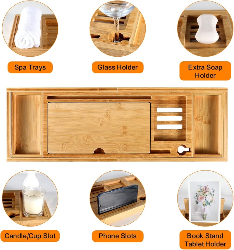 BESHOF Premium Bamboo Bathtub Caddy Tray with Extending Sides, Adjustable Wood Bath Tray for Luxury Bath, Fits Most Tubs, Accessories Gift Idea - Image 3