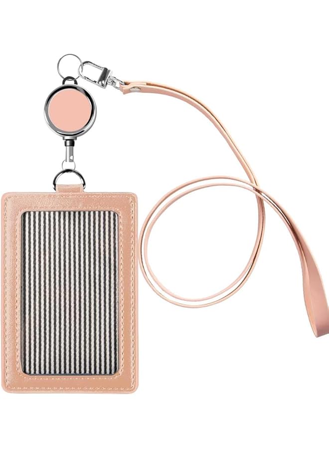 SUCITY Pu Leather Id Badge Card Holder Wallet Style Protective Case Vertical Id Card Case With Neck Lanyard Business Credit Card Id Badge Lanyard Keychain Pink - Image 1