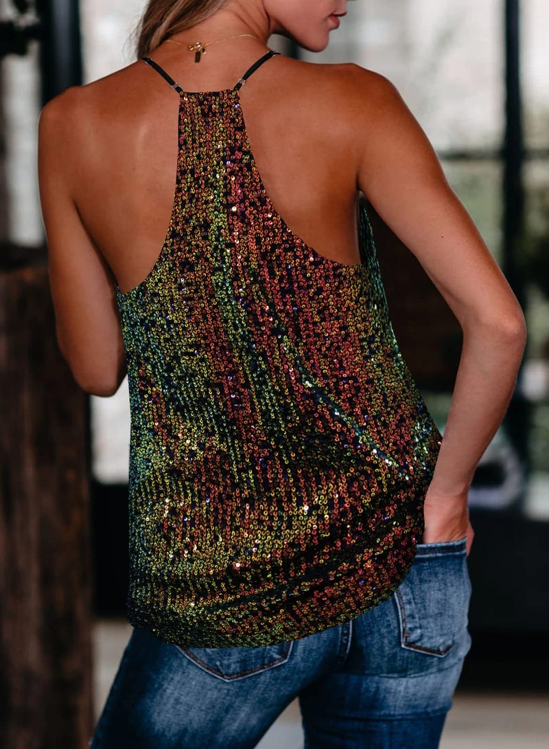 miduo Womens Tank Tops Summer Sparkle Sequin Tops V Neck Halter Cami Shirts Sequin for Holiday L Multicoloured - Image 3