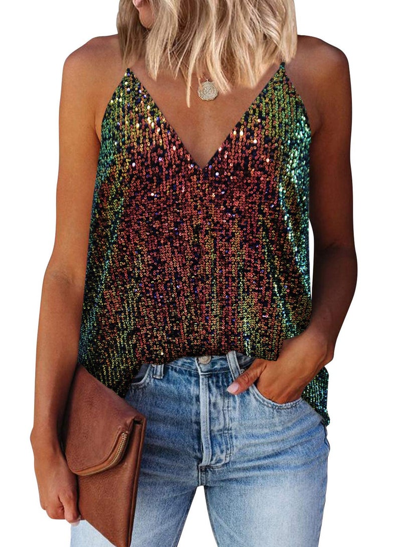 miduo Womens Tank Tops Summer Sparkle Sequin Tops V Neck Halter Cami Shirts Sequin for Holiday L Multicoloured - Image 1