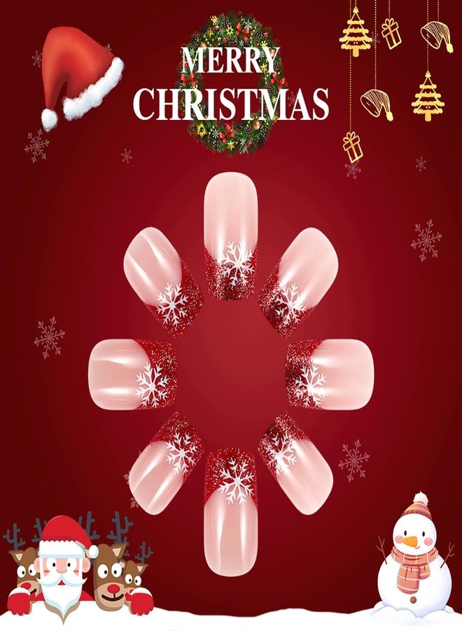 FDSQHSA 24 Pcs Christmas Press on Nails Short Square Winter White Snowflakes Fake Nails Red French Tip False Nails with Glitter Designs Glue on Nails Full Cover Acrylic Nails for Women Girl Nail Decoration - Image 3