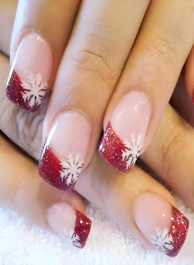 FDSQHSA 24 Pcs Christmas Press on Nails Short Square Winter White Snowflakes Fake Nails Red French Tip False Nails with Glitter Designs Glue on Nails Full Cover Acrylic Nails for Women Girl Nail Decoration - Image 1
