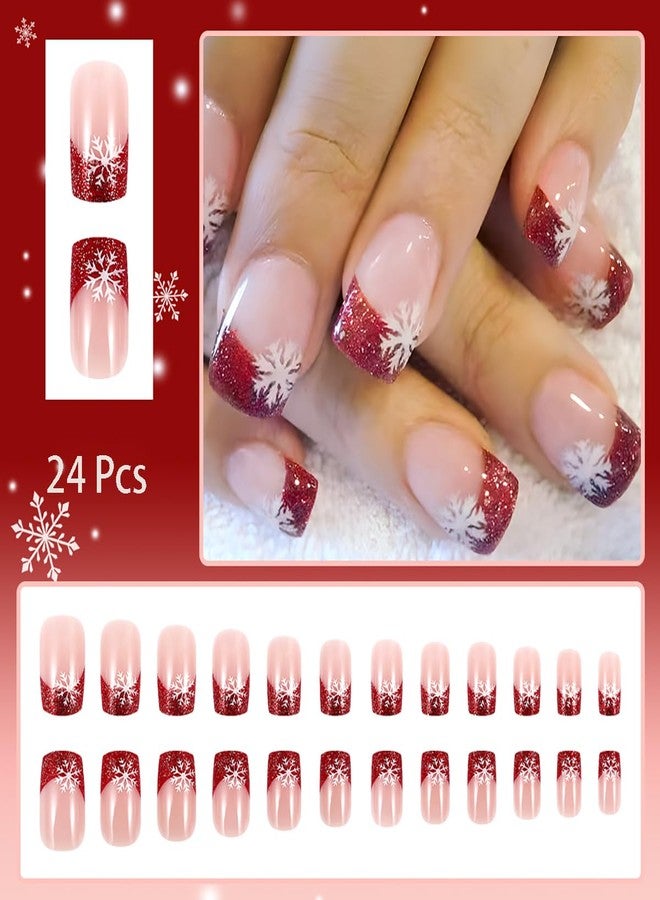 FDSQHSA 24 Pcs Christmas Press on Nails Short Square Winter White Snowflakes Fake Nails Red French Tip False Nails with Glitter Designs Glue on Nails Full Cover Acrylic Nails for Women Girl Nail Decoration - Image 2