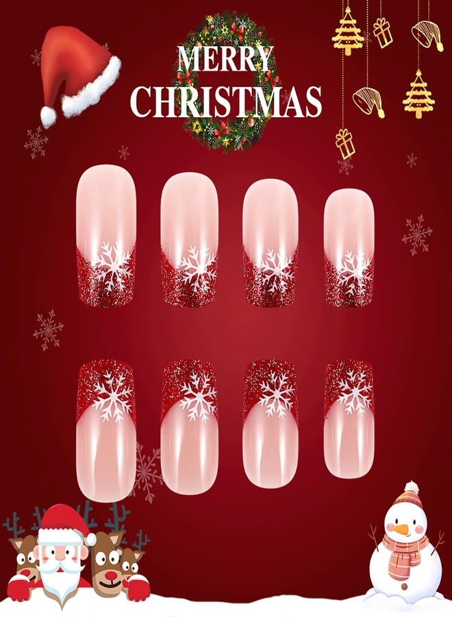 FDSQHSA 24 Pcs Christmas Press on Nails Short Square Winter White Snowflakes Fake Nails Red French Tip False Nails with Glitter Designs Glue on Nails Full Cover Acrylic Nails for Women Girl Nail Decoration - Image 4