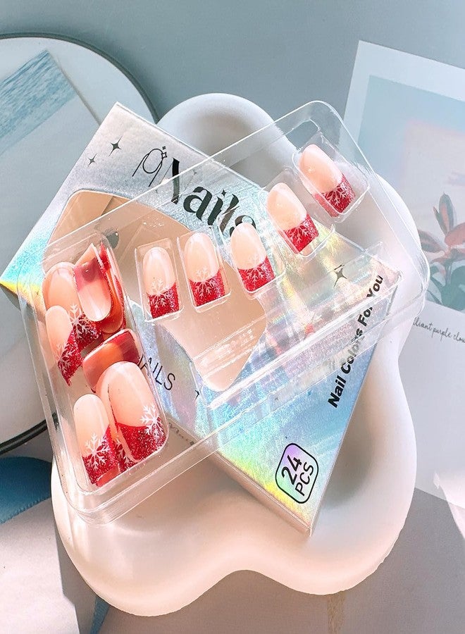 FDSQHSA 24 Pcs Christmas Press on Nails Short Square Winter White Snowflakes Fake Nails Red French Tip False Nails with Glitter Designs Glue on Nails Full Cover Acrylic Nails for Women Girl Nail Decoration - Image 5