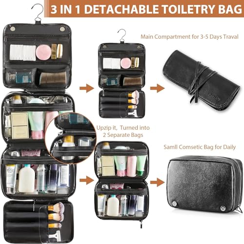 Elviros Hanging Toiletry Bag Removable Travel Bag PU leather Makeup Cosmetic Organizer Kit, Black - Image 2