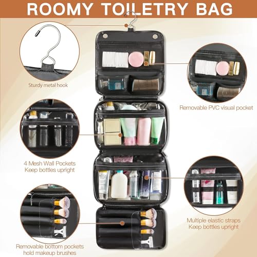 Elviros Hanging Toiletry Bag Removable Travel Bag PU leather Makeup Cosmetic Organizer Kit, Black - Image 4