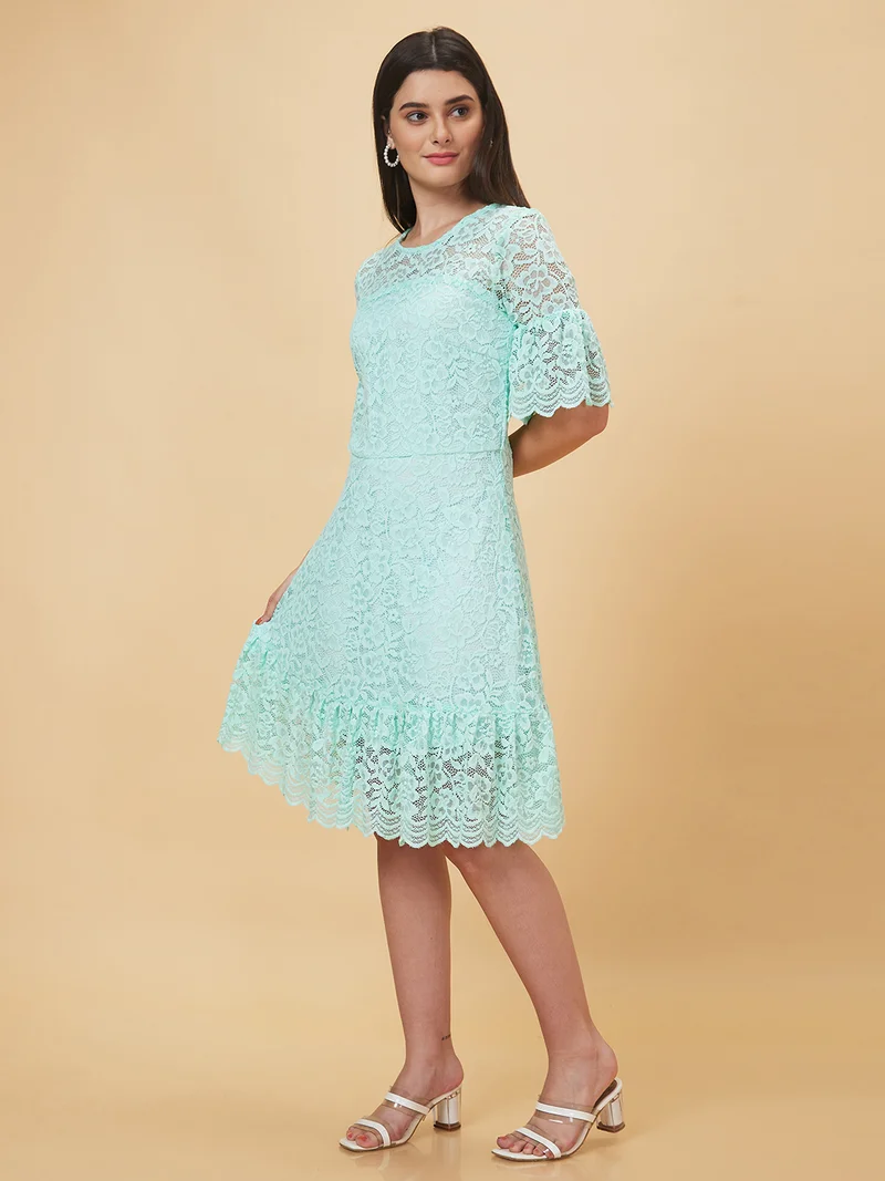 globus Women Floral Lace Design Flared Hem A-Line Dress