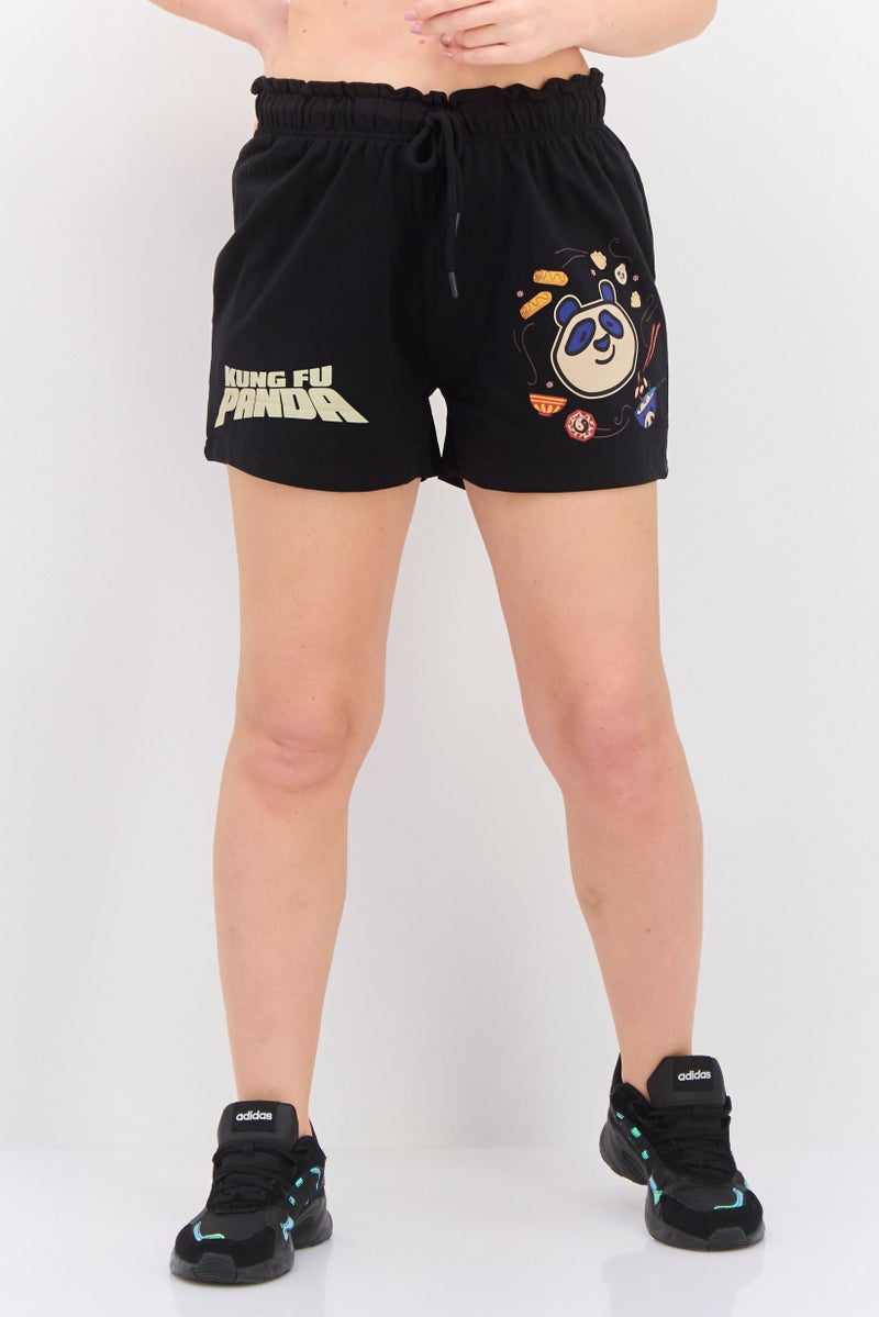 Kung Fu Panda Women Panda Print Drawstrings Basic Shorts, Black - Image 1