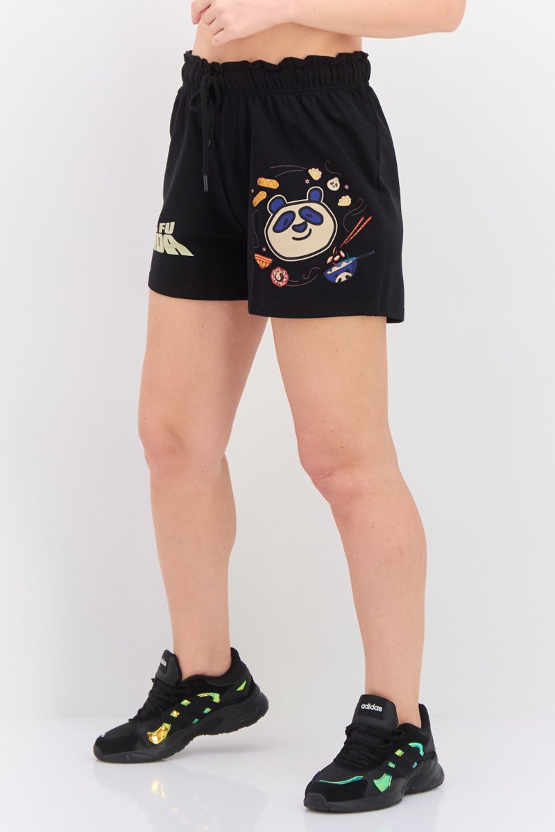 Kung Fu Panda Women Panda Print Drawstrings Basic Shorts, Black - Image 2