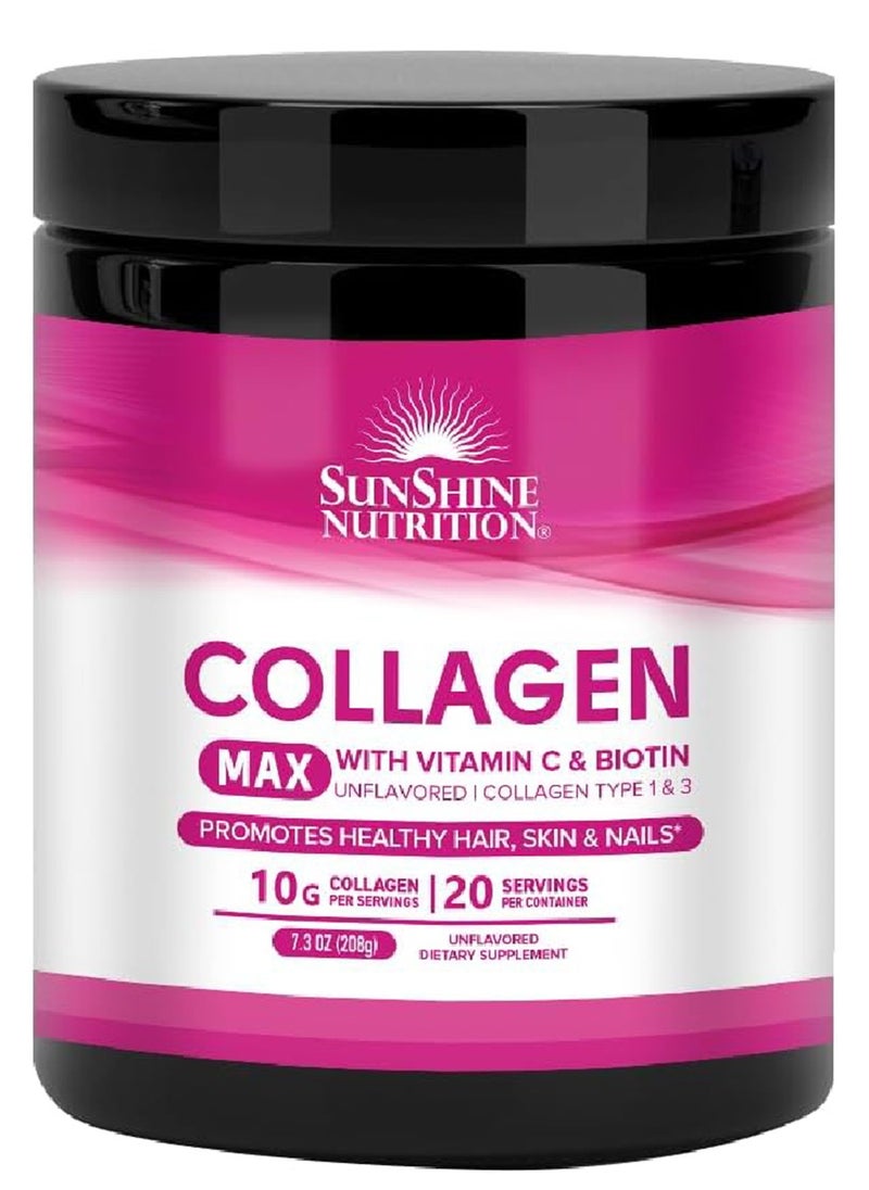 SUNSHINE NUTRITION كولاجين ماكس مملوء بفيتامين C والبيوتين مكمل غذائي كولاجين بدون نكهة من النوع 1 و3 يعزز صحة الشعر والبشرة والأظافر 10 جم كولاجين 20 حصة 208 جم  - Image 1