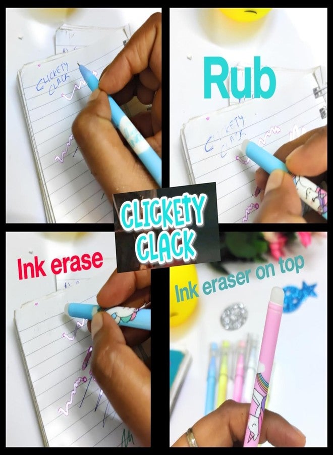 CLICKETY CLACK Useful Erasable Pens 0.5mm Tip Blue Ink Erasable Gel Pen Set with Attached Magic Wipe Eraser for Boys and Girls (Pack-12) (Unicorn) - Image 2