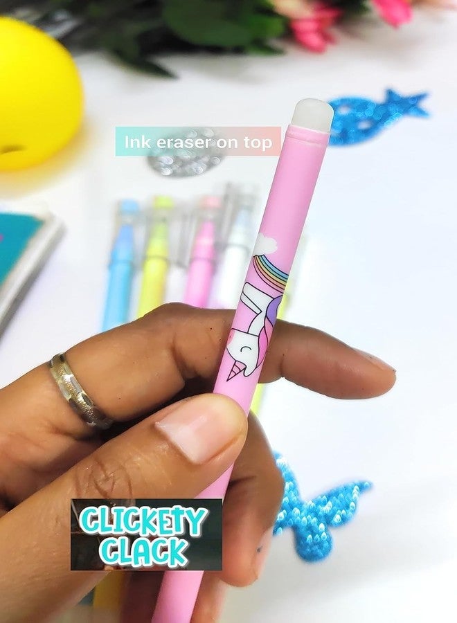 CLICKETY CLACK Useful Erasable Pens 0.5mm Tip Blue Ink Erasable Gel Pen Set with Attached Magic Wipe Eraser for Boys and Girls (Pack-12) (Unicorn) - Image 4