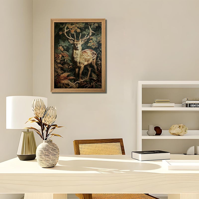 AKWISH Framed 3D Textured Vintage Wall Art - Dark Academia Decor Sika Deer Hand Drawn Sandstone Paintings with Botanical Florals, Aesthetic Wall Decor for Living Room Bedroom Home 12x16 inch - Image 2