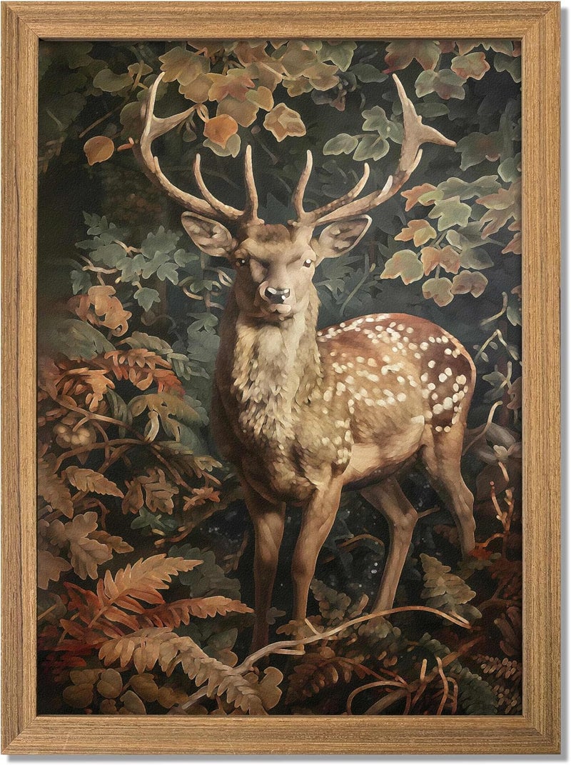 AKWISH Framed 3D Textured Vintage Wall Art - Dark Academia Decor Sika Deer Hand Drawn Sandstone Paintings with Botanical Florals, Aesthetic Wall Decor for Living Room Bedroom Home 12x16 inch - Image 1