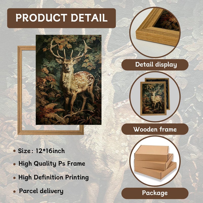 AKWISH Framed 3D Textured Vintage Wall Art - Dark Academia Decor Sika Deer Hand Drawn Sandstone Paintings with Botanical Florals, Aesthetic Wall Decor for Living Room Bedroom Home 12x16 inch - Image 5