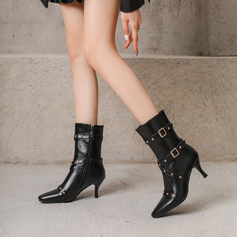Autumn/Winter 2024 High-Heeled Ankle Boots 32-43 Elegant Pointed Rivet Low Boots - Image 3