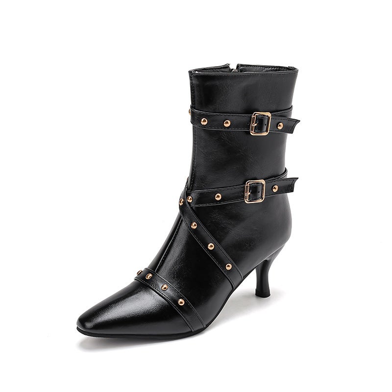 Autumn/Winter 2024 High-Heeled Ankle Boots 32-43 Elegant Pointed Rivet Low Boots - Image 1