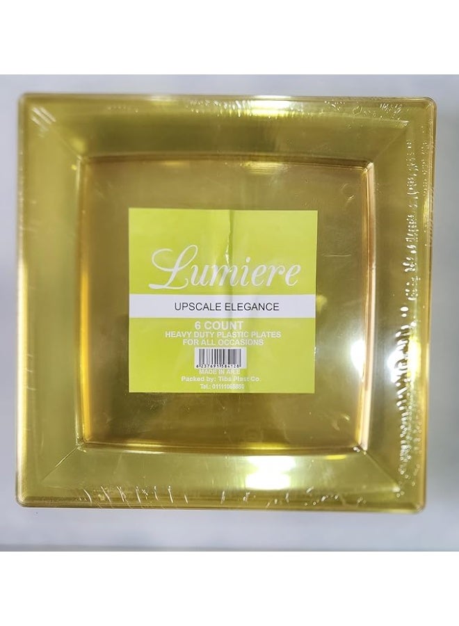LUMIERE Plastic Large plates Acrylic Square Shaped Reusable Dishes Kit With Colored Design Specially Made For Various Occasions And Parties Set Of 6Pieces - Yellow