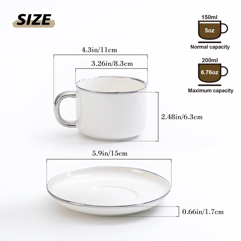 Agyiuns Tea Cups and Saucers with Silver Trim, 6.76 Ounce White Porcelain Tea Set & Coffee Cups for Latte, Cafe Mocha - Set of 4, Porcelain Mugs for Kitchen or Cafe (White and Silver) - Image 4