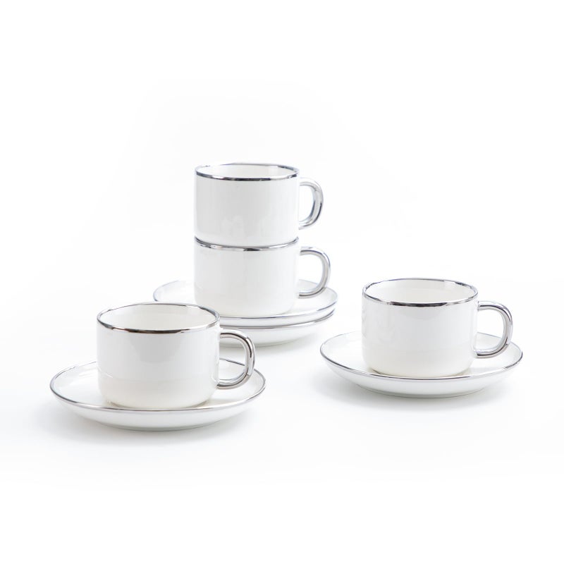 Agyiuns Tea Cups and Saucers with Silver Trim, 6.76 Ounce White Porcelain Tea Set & Coffee Cups for Latte, Cafe Mocha - Set of 4, Porcelain Mugs for Kitchen or Cafe (White and Silver) - Image 1