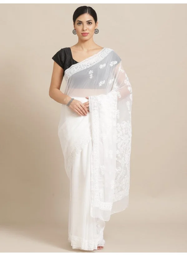 ZERESOUQ White Embroidered Chikan Saree