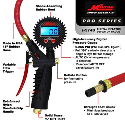 Milton Pro Digital Tire Pressure Gauge S-574D, Straight Foot Chuck, Pistol Grip Handle, Easy to Read 0.1 Display, 255 PSI Max Pressure, 15 Inch Hose, 1/4" NPT (PSI, kPa, Bar, and kg/cm2) - Image 4