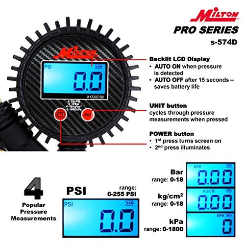Milton Pro Digital Tire Pressure Gauge S-574D, Straight Foot Chuck, Pistol Grip Handle, Easy to Read 0.1 Display, 255 PSI Max Pressure, 15 Inch Hose, 1/4" NPT (PSI, kPa, Bar, and kg/cm2) - Image 5