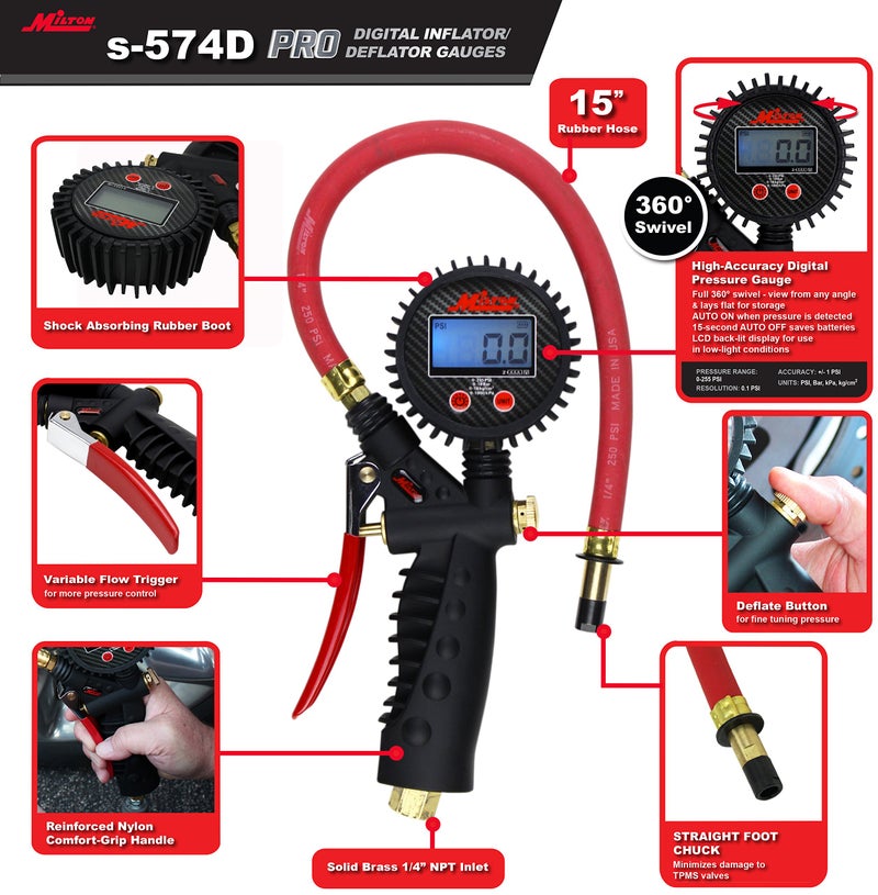Milton Pro Digital Tire Pressure Gauge S-574D, Straight Foot Chuck, Pistol Grip Handle, Easy to Read 0.1 Display, 255 PSI Max Pressure, 15 Inch Hose, 1/4" NPT (PSI, kPa, Bar, and kg/cm2) - Image 2