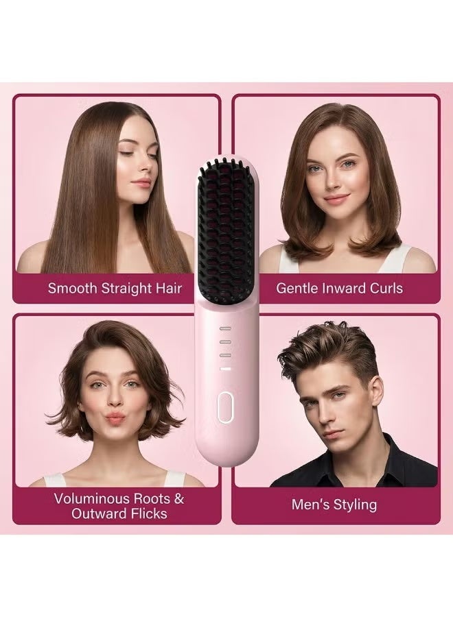 JUE-FISH Go Brush Pro for Short Hair - 2026 Upgraded Cordless Straightening Brush with 30s Fast Heat, 3 Temperature Settings, Ionic & Ceramic Care, 2500mAh USB-C Rechargeable for Frizz-Free Styling (Pink) - Image 4