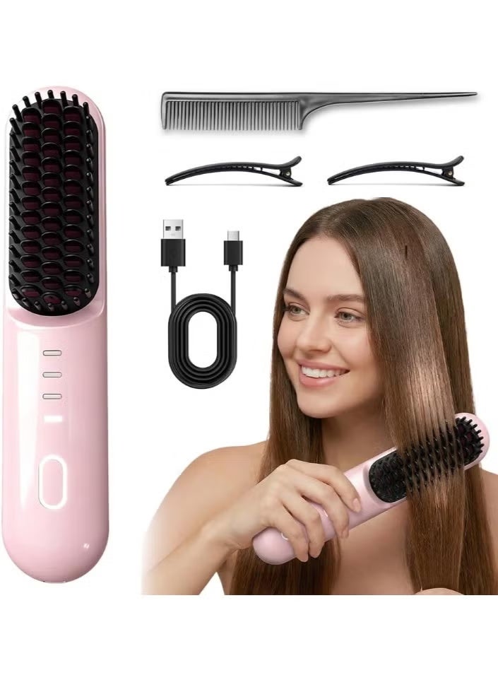 JUE-FISH Go Brush Pro for Short Hair - 2026 Upgraded Cordless Straightening Brush with 30s Fast Heat, 3 Temperature Settings, Ionic & Ceramic Care, 2500mAh USB-C Rechargeable for Frizz-Free Styling (Pink) - Image 1