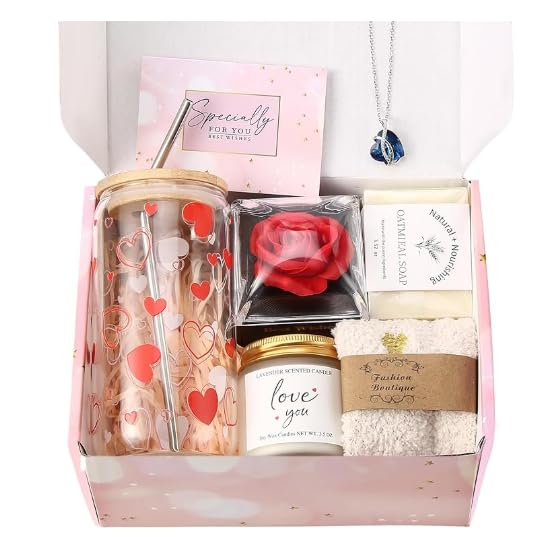 DHQH Valentines Day Gifts for Women  Preserved Roses Mothers Day ideas Gift  Unique 16 oz Valentines Glass Cup Necklace Gifts Set for Her Girlfriend Wife Mom Daughter Sister - Image 1