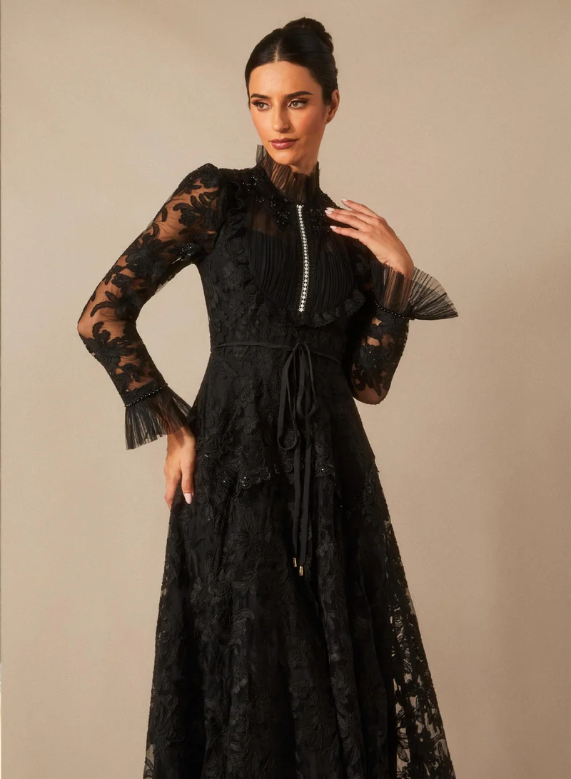 Sunfere Black Alice Floral Lace Mock Neck Maxi Dress for Women | Best Price UAE