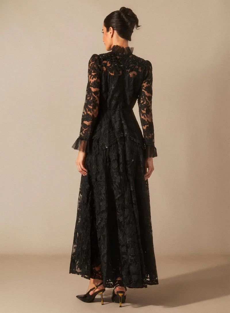 Sunfere Black Alice Floral Lace Mock Neck Maxi Dress for Women | Best Price UAE