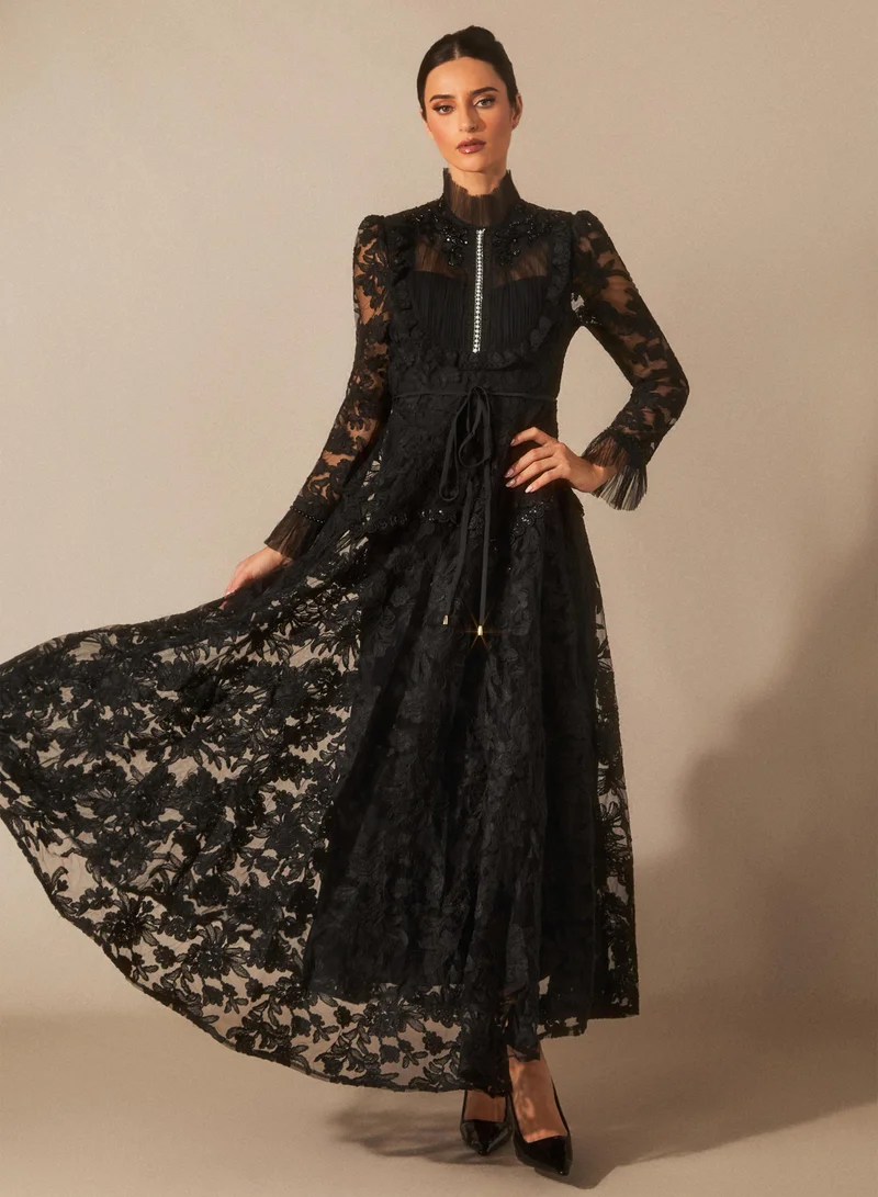 Sunfere Black Alice Floral Lace Mock Neck Maxi Dress for Women | Best Price UAE