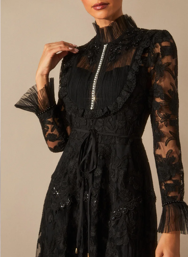 Sunfere Black Alice Floral Lace Mock Neck Maxi Dress for Women | Best Price UAE