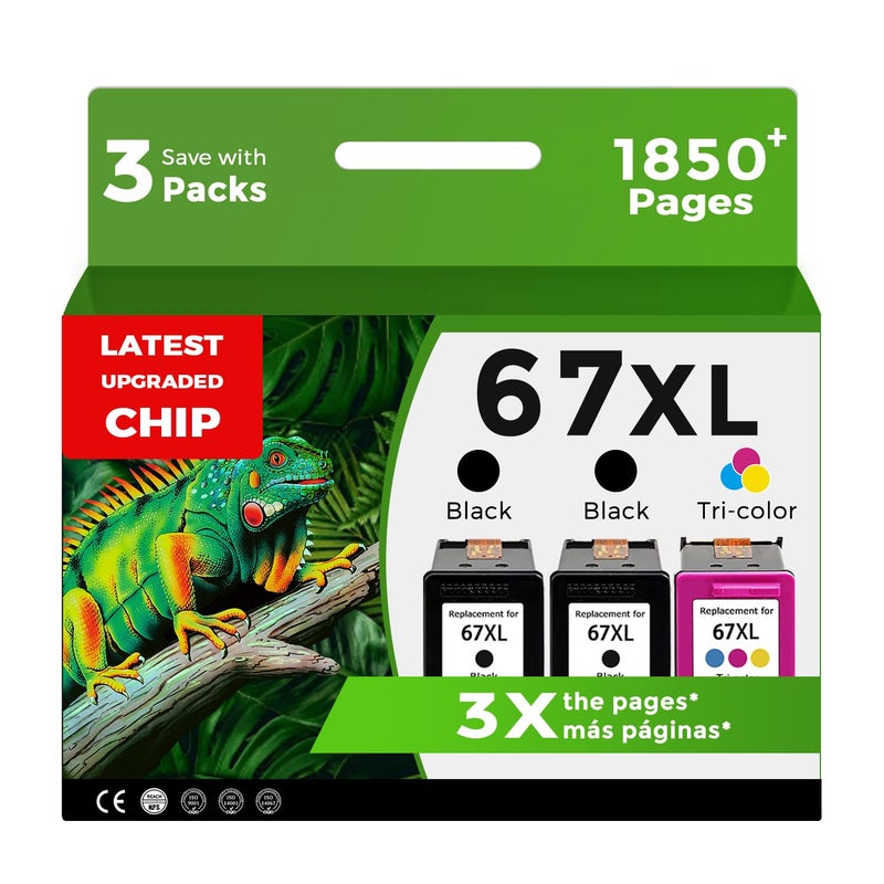 Relcolor 67XL Ink Cartridges for HP 67 XL Black Color Combo 3-Pack Replacement for HP67 HP67XL for Printer 2700 2700e 4100 6400 4155e 2755e 6000 2855e 2752e 4100e 6458 6455e 4152 6055e 6052e 4152e 2742e 6400e - Image 1
