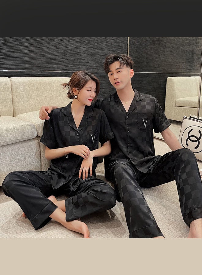 MARGOUN Pajama XL Men Large Women Pajamas Houndstooth Ice Silk Homewear Sleep Suit Nightwear Short Sleeve Sleepwear Black - Image 4