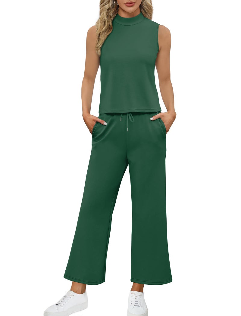 Sampeel Two Piece Set for Women Christmas Outfits Holiday Trendy Lounge Sets Mock Neck Matching Sets Women Clothing Wide Leg Crop Pants Set M - Image 3
