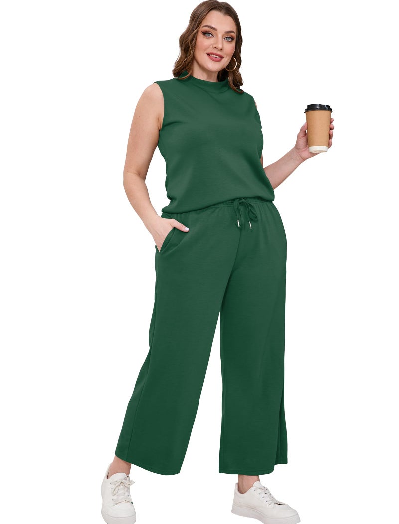 Sampeel Two Piece Set for Women Christmas Outfits Holiday Trendy Lounge Sets Mock Neck Matching Sets Women Clothing Wide Leg Crop Pants Set M - Image 4