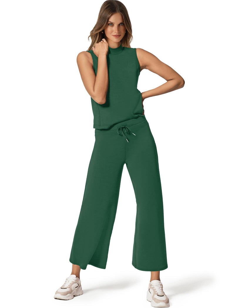 Sampeel Two Piece Set for Women Christmas Outfits Holiday Trendy Lounge Sets Mock Neck Matching Sets Women Clothing Wide Leg Crop Pants Set M - Image 2