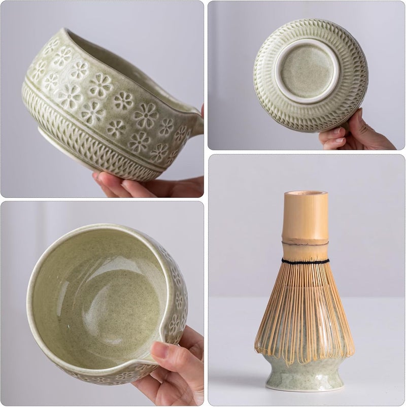 Buucup Matcha Whisk Set, Ceramic Matcha Kit Set Includes Matcha Bowl, Matcha Whisk and Holder, Bamboo Scoop, Scoop Rest, Sifter and Tea Towel - 7 Pcs Matcha Kit for Matcha Lovers (Mottled Green) - Image 3