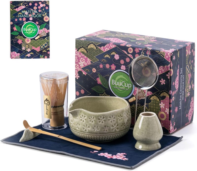 Buucup Matcha Whisk Set, Ceramic Matcha Kit Set Includes Matcha Bowl, Matcha Whisk and Holder, Bamboo Scoop, Scoop Rest, Sifter and Tea Towel - 7 Pcs Matcha Kit for Matcha Lovers (Mottled Green) - Image 1