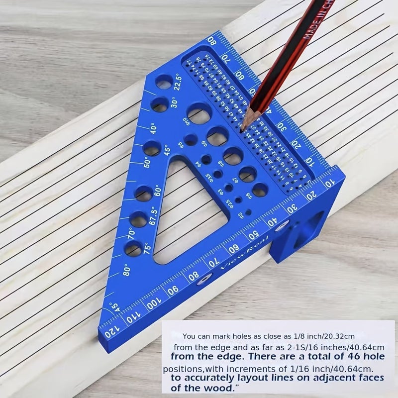 Blue 3 Piece Multi Angle Measuring Ruler Set Precision Woodworking Square Protractor - Image 5